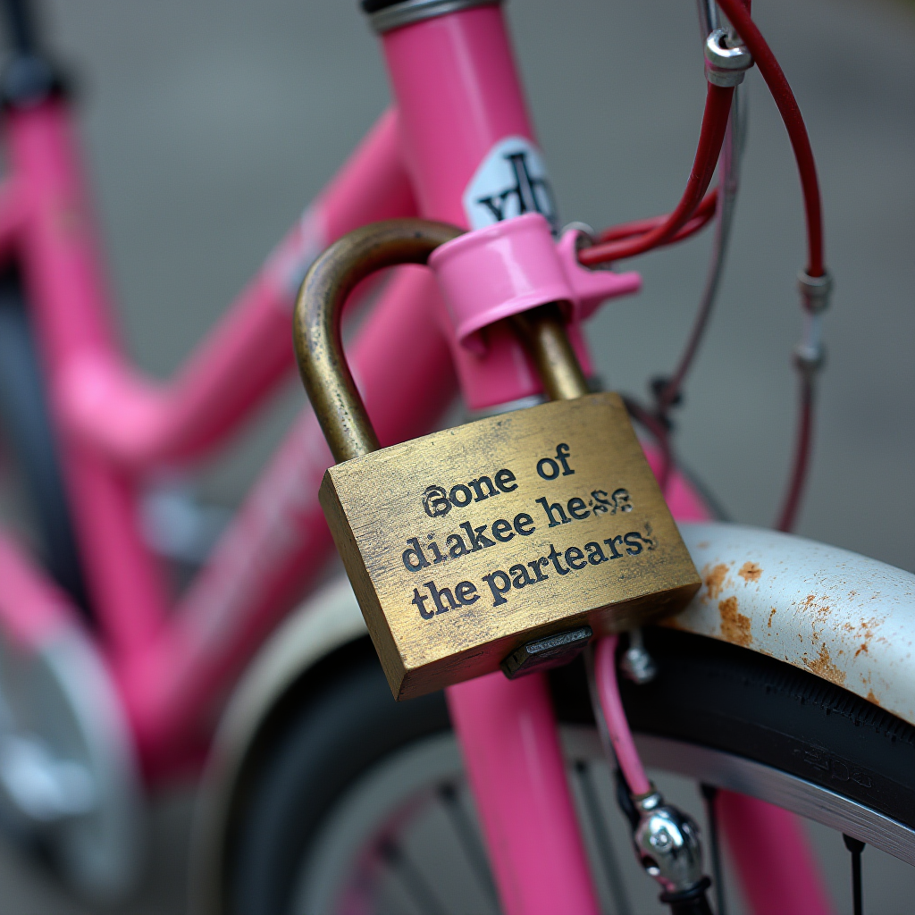 A close-up of a pink bicycle with a large brass padlock attached to it, featuring whimsical, nonsensical text.