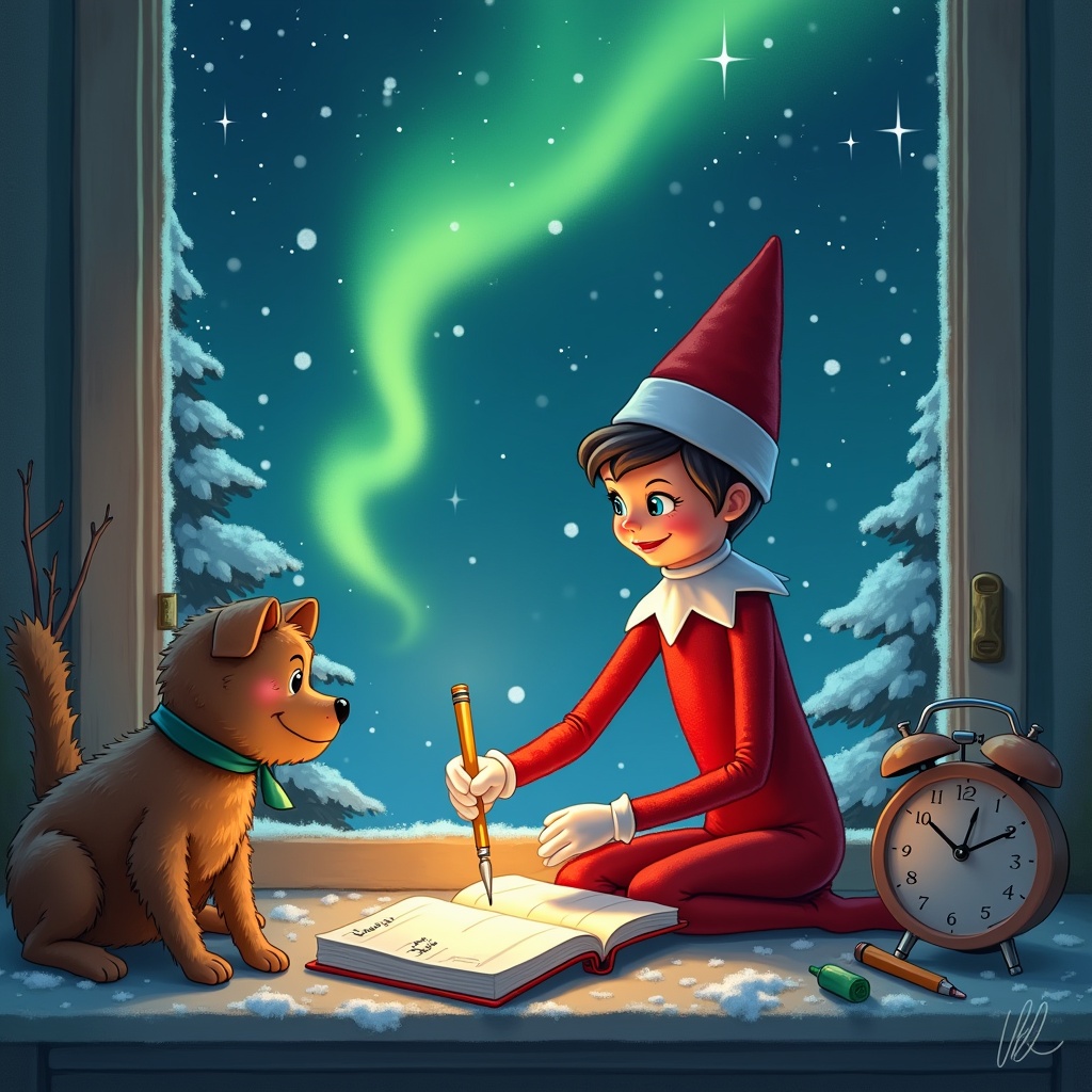 The image depicts a cheerful elf dressed in red and white, sitting on a windowsill while writing in a large book. Beside the elf sits a friendly brown dog with a collar, looking attentively at the elf. Outside the window, the night sky features dazzling northern lights, illuminating the snowy landscape. The scene conveys a warm and magical atmosphere, perfect for holiday themes. The elf appears focused, adding a whimsical tone to the night, suggesting a story about friendship and holiday excitement.