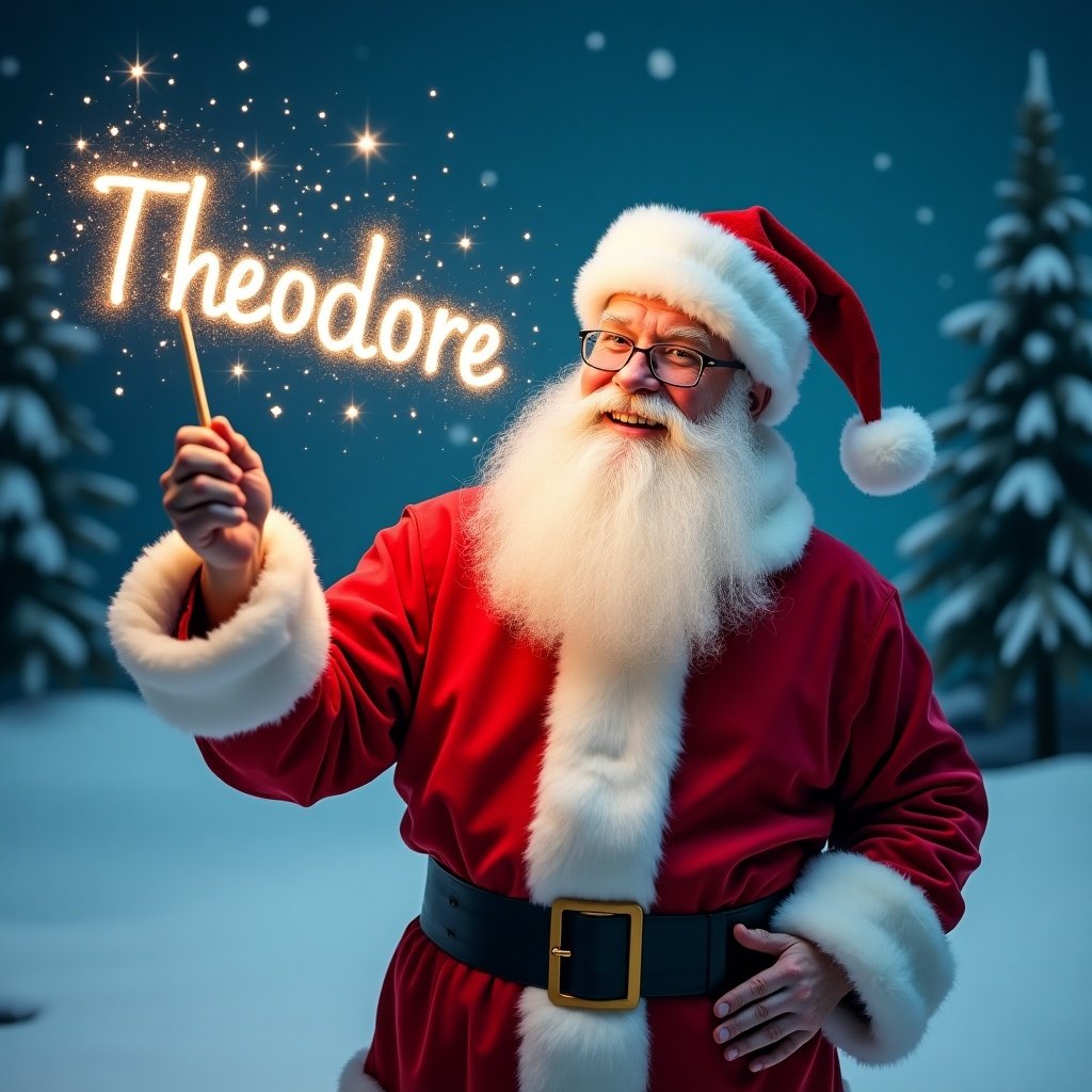 A jolly Santa Claus stands in a snowy landscape. He holds a magical wand that sparkles with the name Theodore. He wears a classic red suit with white fur trim and a matching hat, eyes twinkling with joy as if writing names in the sky. The background features evergreen trees and a starry night sky, creating a festive and magical atmosphere.