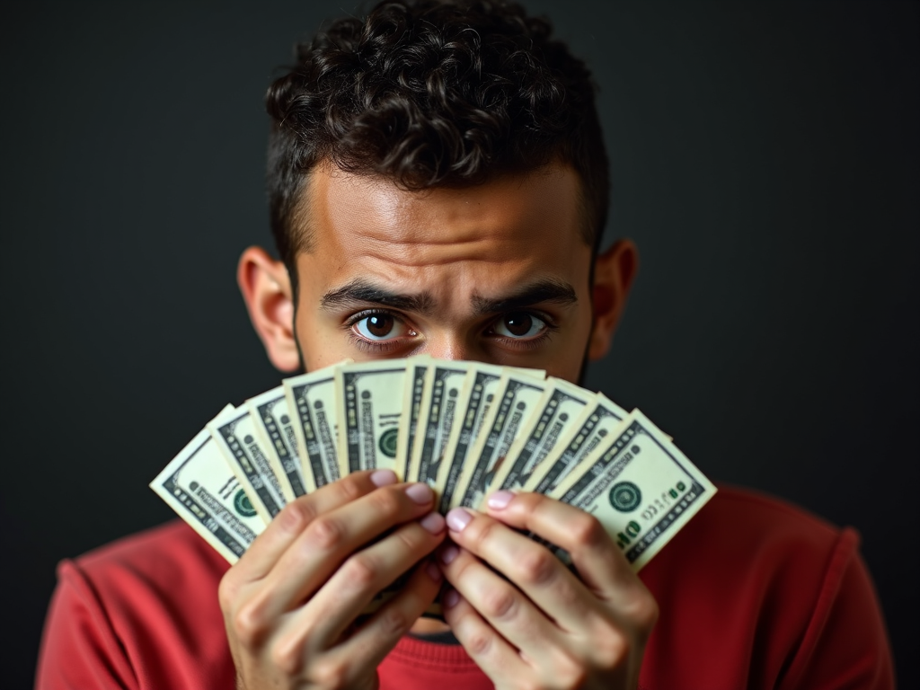 A person holding a fan of dollar bills partially conceals their face, drawing attention to their eyes and the money.