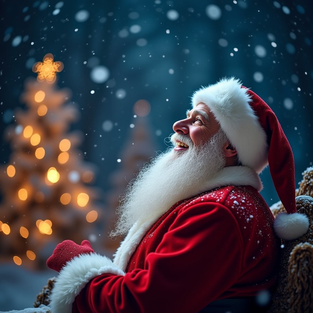 Christmas theme featuring Santa Claus. Twinkling trees and falling snowflakes create a festive mood. Santa in traditional red suit and white beard looks up delightedly. Colorful glow adds magic to winter night.