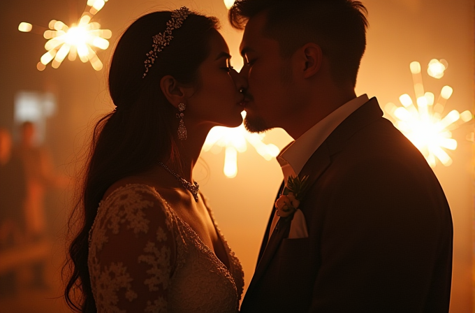 A couple embraces for a kiss surrounded by glowing sparklers in a warmly lit atmosphere.