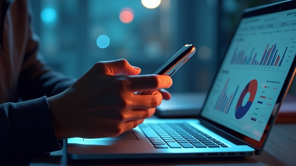 A person holds a smartphone while reviewing colorful data charts on a laptop screen in a softly lit, modern workspace.