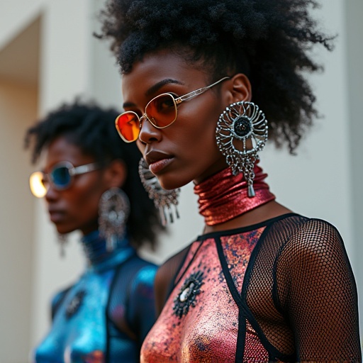 Futuristic avant garde couture with stylish luxury. High impact and artful representation in an alternate dimension. Features opulent high fashion styles that are visually striking with elements of sci-fi and street wear. Models exhibit edgy and daring aesthetics while wearing accessories that enhance their beauty.