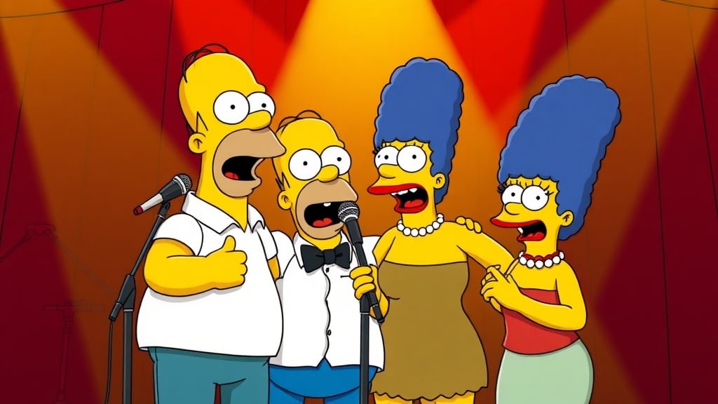 A group of cartoon characters resembling The Simpsons performing a singing act on stage with spotlights.