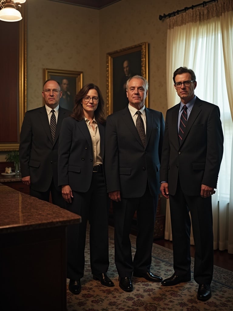 Four individuals dressed in formal suits standing indoors. The setting has a classic and elegant look. The characters exhibit a strong and serious demeanor.