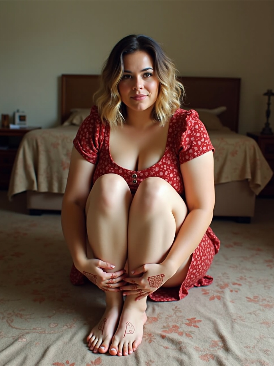 A young woman sits on a carpeted floor, dressed in a floral red dress. She has a calm demeanor, with her arms gently wrapped around her knees. The room appears cozy and slightly dim, with a bed and wooden furniture in the background, adding to the intimate setting. The henna designs on her hands and feet suggest a cultural significance or recent celebration.