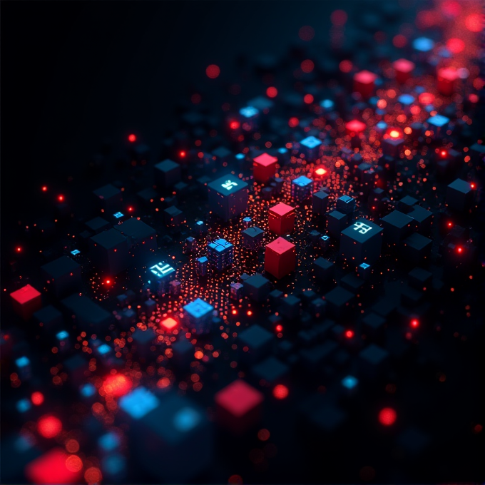 A digital landscape of glowing red and blue cubes with intricate patterns.