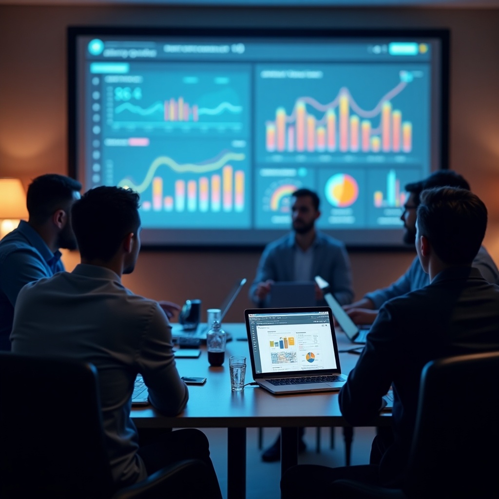 People in a meeting room discussing digital assets. A laptop displays bar charts. Soft lighting enhances the professional atmosphere. Attendees focus on the presentation.