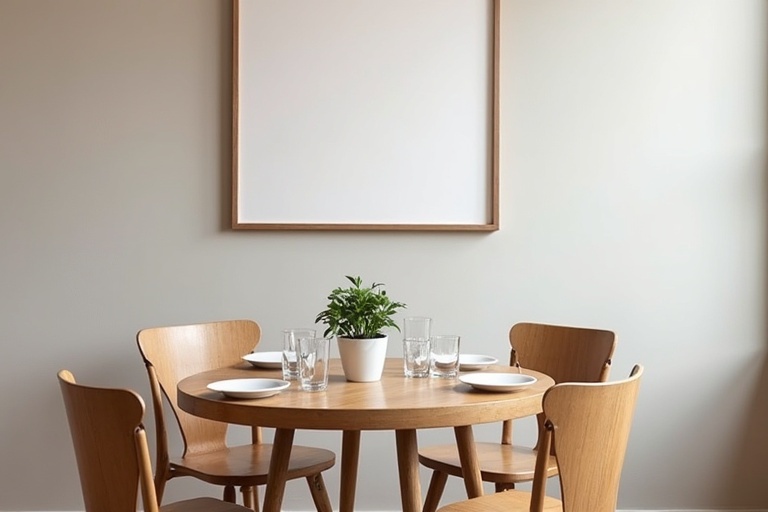 Modern coffee shop interior with cozy daytime atmosphere. Wall has empty frame for art. Round wooden table set for two with white plates, small plant, and glasses. Four simple wooden chairs are around the table. Wooden floor adds elegance.