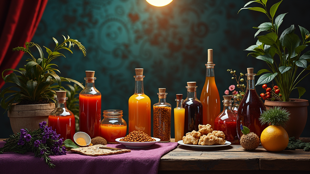 A rich still life featuring assorted bottles of colorful liquids, surrounded by lush green plants, and a selection of dried foods on a wooden table against a patterned teal backdrop.