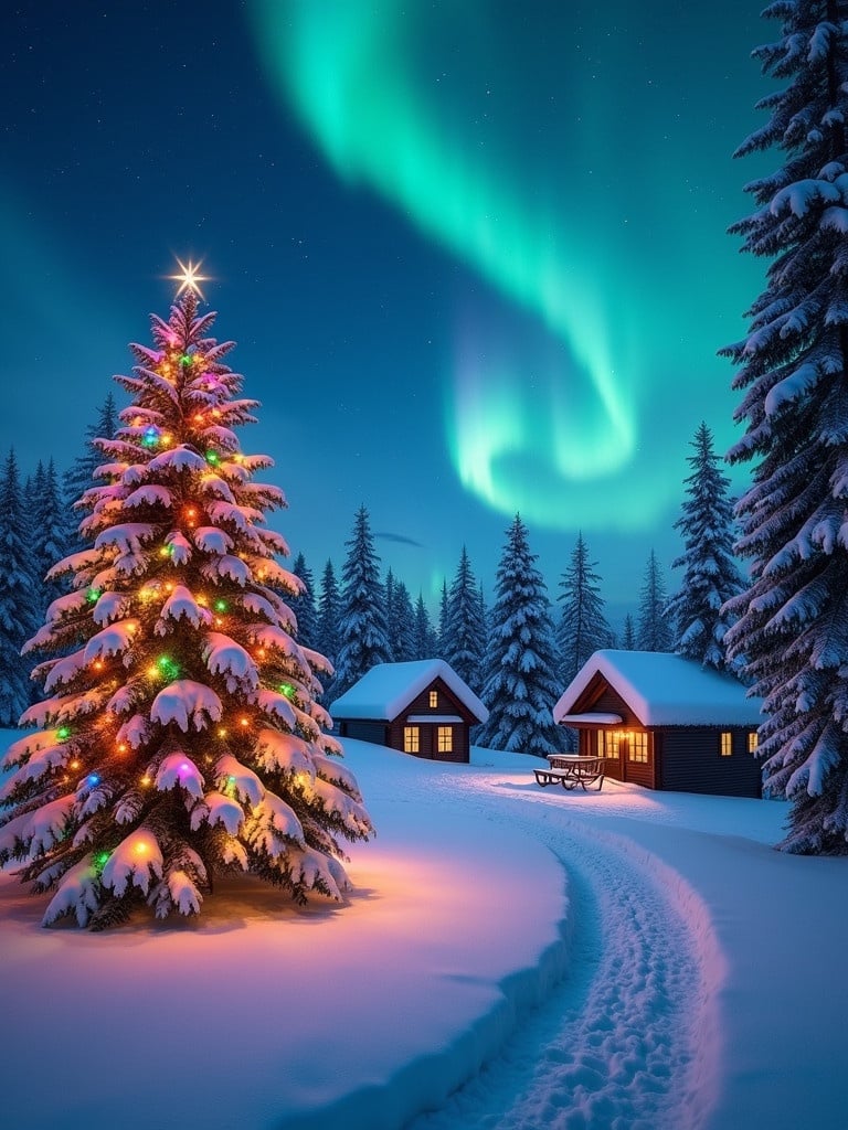 Scenic snowy landscape under a starry sky with visible Northern lights. A decorated Christmas tree with colorful lights is in the foreground. Nearby cozy cabins glow warmly. Snow-covered pine trees surround the area. The setting evokes a peaceful holiday atmosphere.