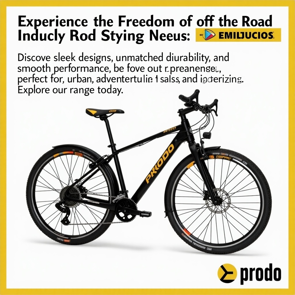 Bicycle image promoting sleek designs and high performance. Black bicycle with yellow accents displayed attractively. Focus on urban commuting and adventure.