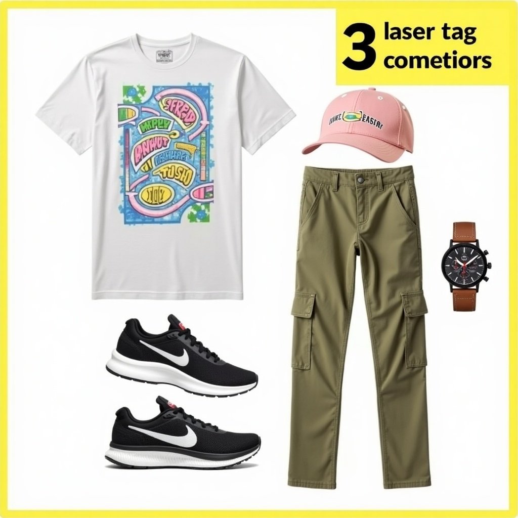 Outfit features casual elements for laser tag and arcade. Includes graphic t-shirt, cargo pants, sporty shoes, and a stylish cap. Perfect for comfort and activity.