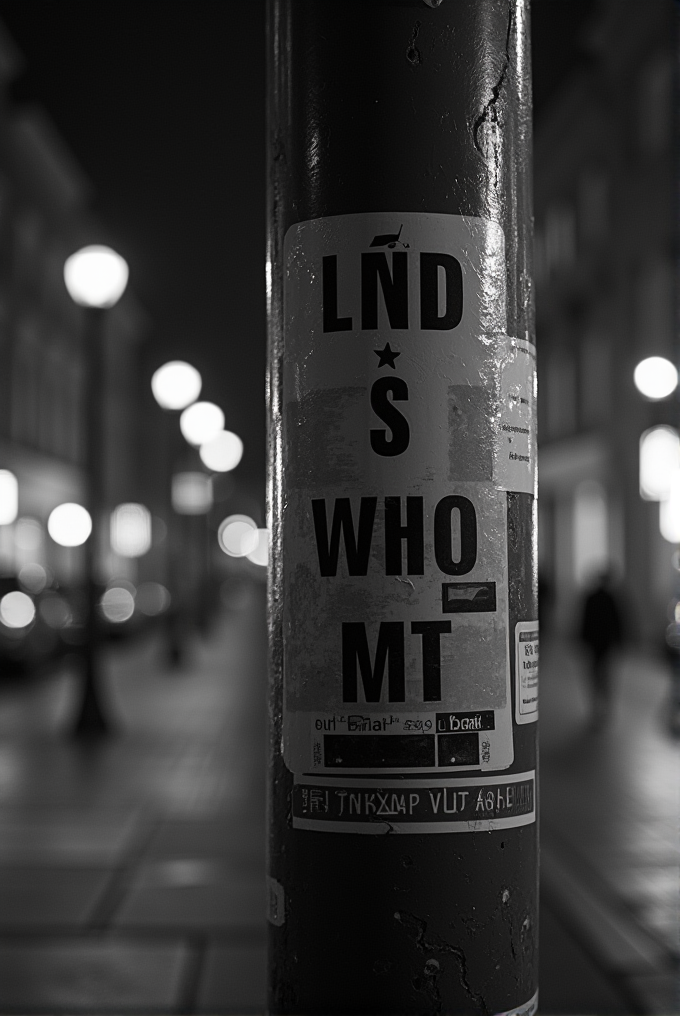 A lamp post with peeling stickers on a city street at night, with blurred lights in the background.