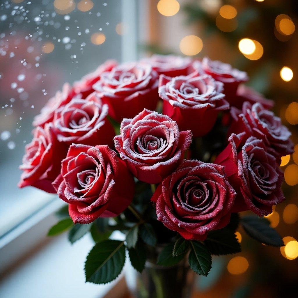 Red roses with a snowy effect arranged in a vase near a window with a glittering background.