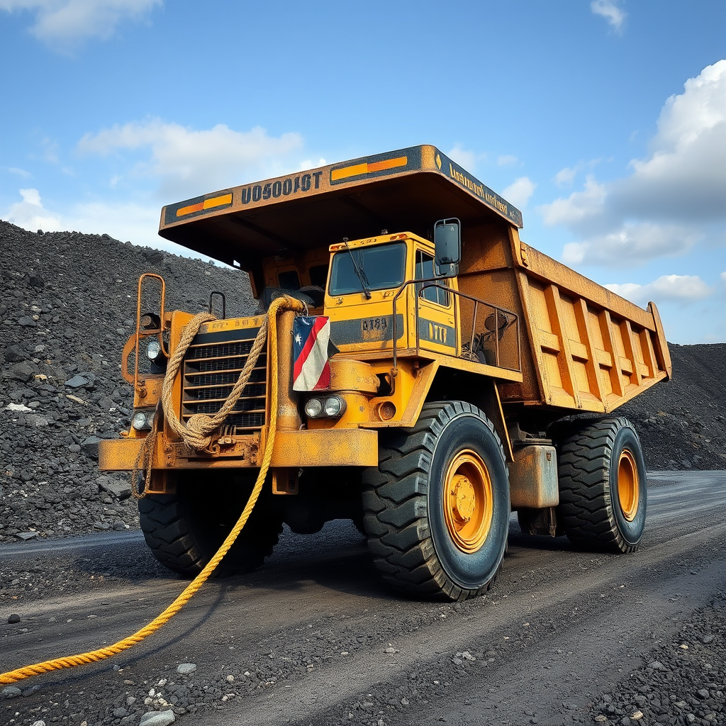 A large, yellow industrial dump truck sits on a mining site with piles of black coal surrounding it.