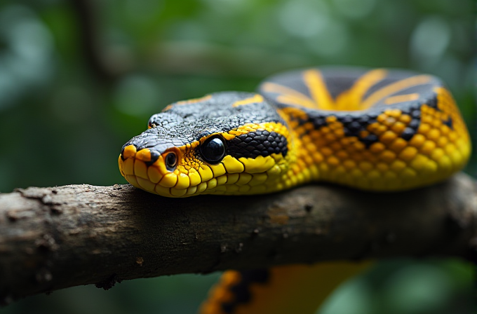 A brightly colored snake with vivid yellow and black patterns lies on a tree branch.