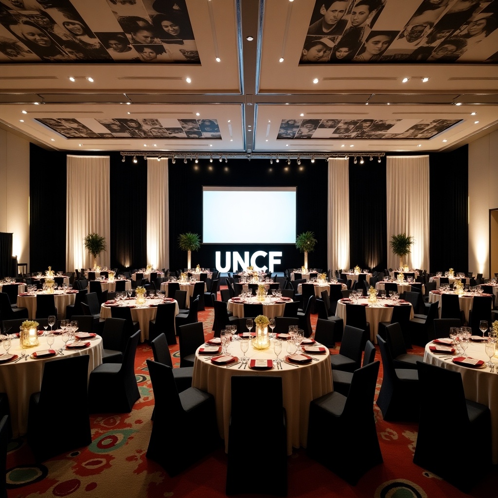 This image depicts a beautifully arranged banquet room with a capacity of 50,000 people. It features elegant black and white drapes accented by wall-to-wall black and white photos of African American graduates. The main focal point is five-foot-tall illuminated letters spelling 'UNCF' displayed prominently in front of the stage. The tables are elegantly set, with each rectangular table seating around 21 people. The soft lighting creates a warm and inviting atmosphere, making it ideal for formal events and celebrations.