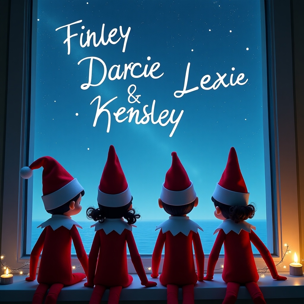 Elves sit by the window. Night sky shows glowing names. Names are Finley, Darcie, Lexie, Kensley.