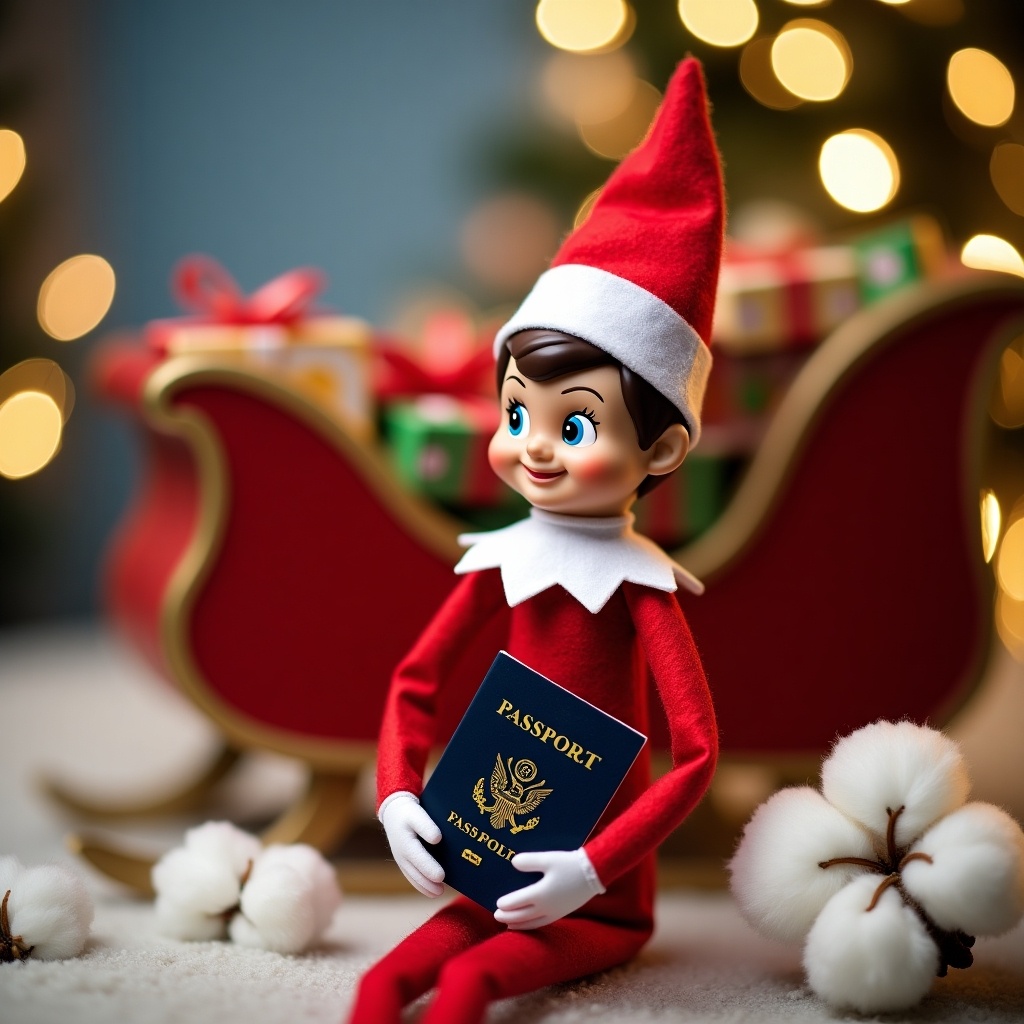 Elf doll holds passport. Elf in North Pole airport. Background has sleigh filled with gifts. Cotton balls resemble snow. Lighting creates warm festive atmosphere.