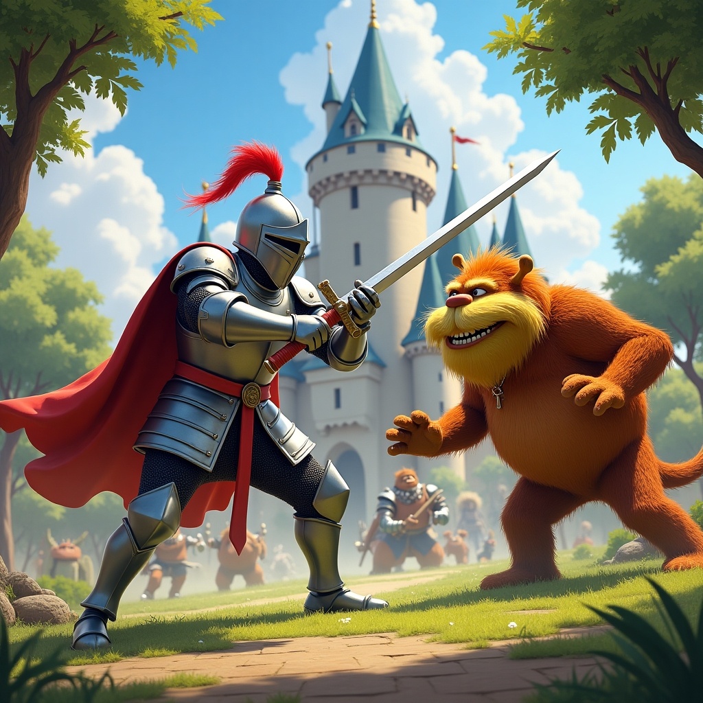 In a vibrant and imaginative scene, a valiant knight stands poised for battle, sword drawn, ready to engage in a whimsical duel. He faces off against a mischievous gingerbread man, who shows a blend of humorous bravado and playfulness. Beside them, familiar figures such as the Lorax and Shrek are involved in the action, each adding their unique charm to the encounter. The backdrop features a tall, enchanting castle with colorful spires, set against a lush green forest. The atmosphere is lighthearted and filled with excitement, inviting viewers into a fantastical world of creativity and adventure.