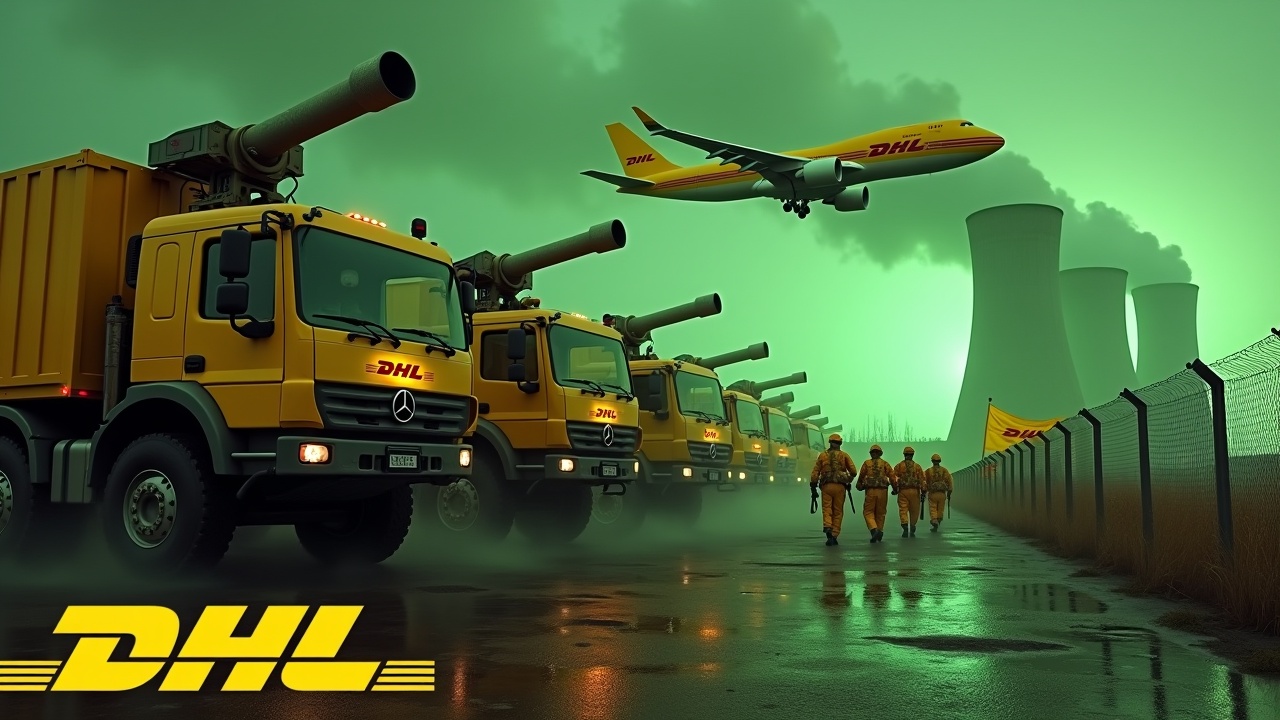 In a dramatic scene, several large yellow armoured trucks equipped with roof-mounted cannons drive beside a fence. The trucks prominently display the DHL logo. Nearby, soldiers in yellow uniforms march together, some holding rifles and a large flag with the DHL logo. In the background, glowing green smokestacks of a nuclear power plant create an ominous atmosphere. Above, a yellow DHL cargo plane flies, enhancing the dramatic intensity. The bottom features a bold DHL logo, tying together the visual elements.