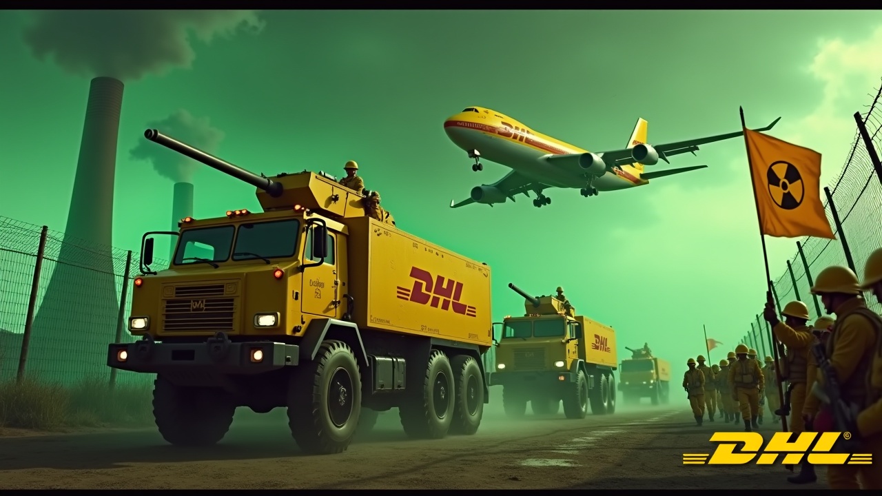 In a dramatic scene, several large yellow armored trucks drive beside a fence. The trucks are equipped with a roof-mounted cannon and display the DHL logo prominently. Nearby, soldiers in yellow uniforms march in unison, one holding a large flag with the DHL logo. The background features smokestacks from a nuclear power plant under an ominous green sky. Above, a yellow DHL cargo plane flies, adding intensity to the scene. The entire composition evokes a sense of urgency and might, suitable for an adrenaline-filled narrative.