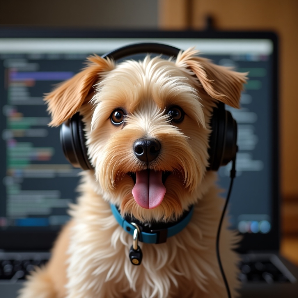 The image features a lively dog sitting in front of a computer. The dog is wearing headphones that are too big for its head, creating a humorous effect. The background shows a computer screen filled with colorful codes or graphics. The dog's expression is joyful and playful, with its tongue hanging out, adding to the funny vibe. This scene showcases the blend of pets and technology, making it a relatable image for dog lovers and tech enthusiasts alike.