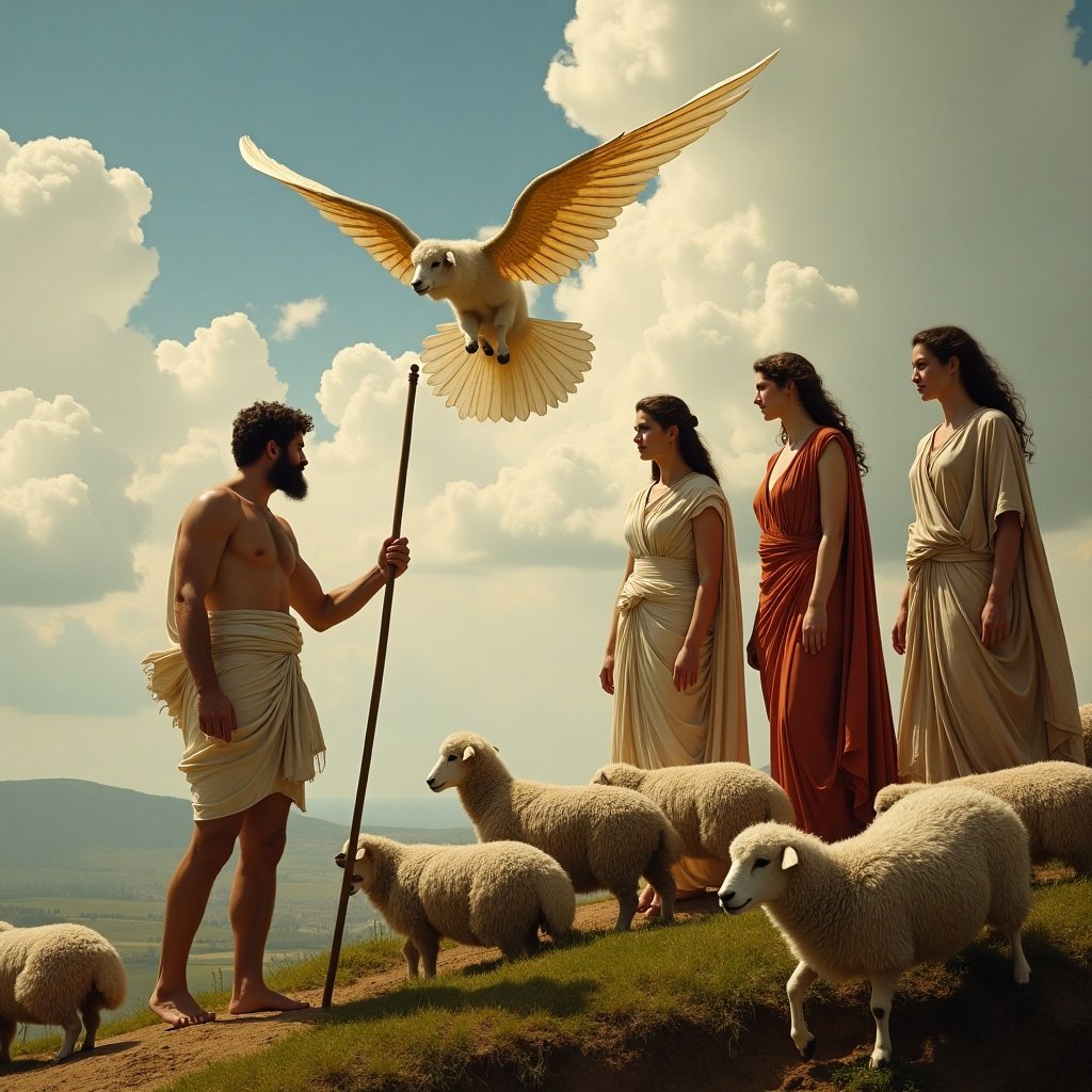 Medium shot depicts Paris on a hillside. He holds a shepherd’s staff. Surrounded by a flock of sheep. Hermes descends with golden wings. Hera, Athena, and Aphrodite stand elegantly. Each ready to offer a bribe.