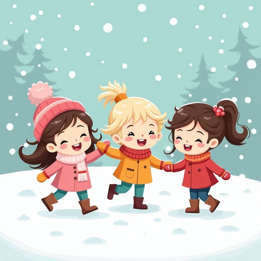 Three cartoon girls playing in the snow. One girl has brown hair and a pink hat. Another girl is blonde with a ponytail and a yellow coat. The last girl has brown hair with a pink hair accessory. They are joyful and surrounded by falling snow.