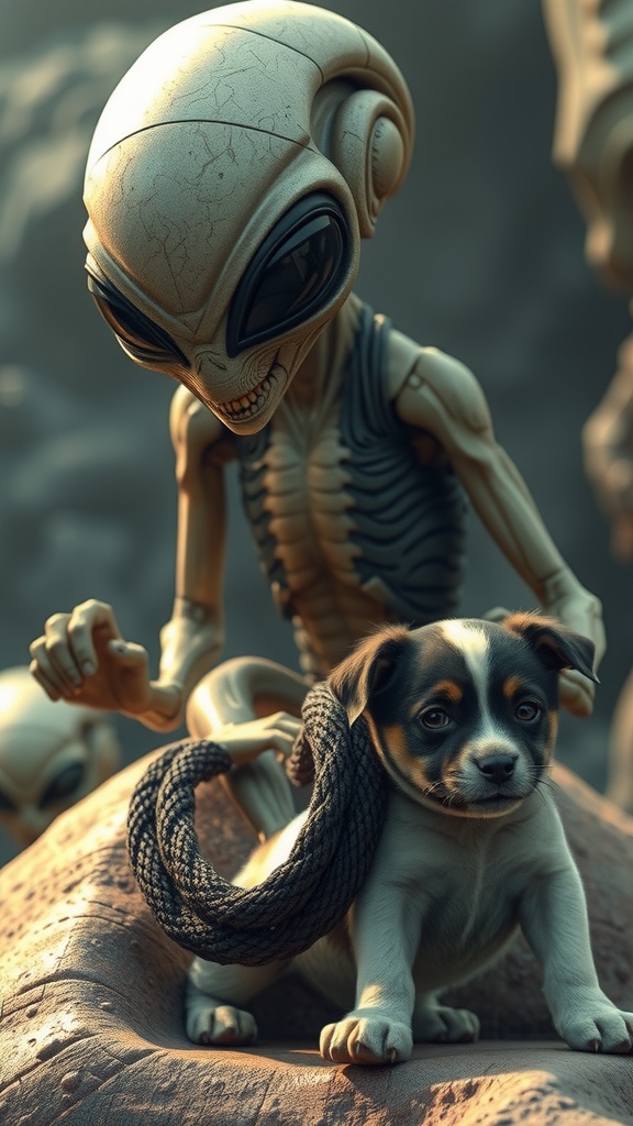 This intriguing image features an alien figure with large black eyes standing behind a small, adorable puppy. The alien, with its slender form and smooth, beige skin, exhibits an enigmatic smile, while the puppy looks forward with an innocent expression. The scene is set on a rocky surface with a mysterious rope wrapped around the puppy, creating a surreal juxtaposition between the fantastical and the familiar.