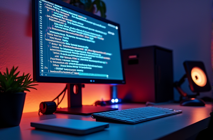 A programmer's desktop setup with code displayed on a monitor, surrounded by ambient red and blue lighting.