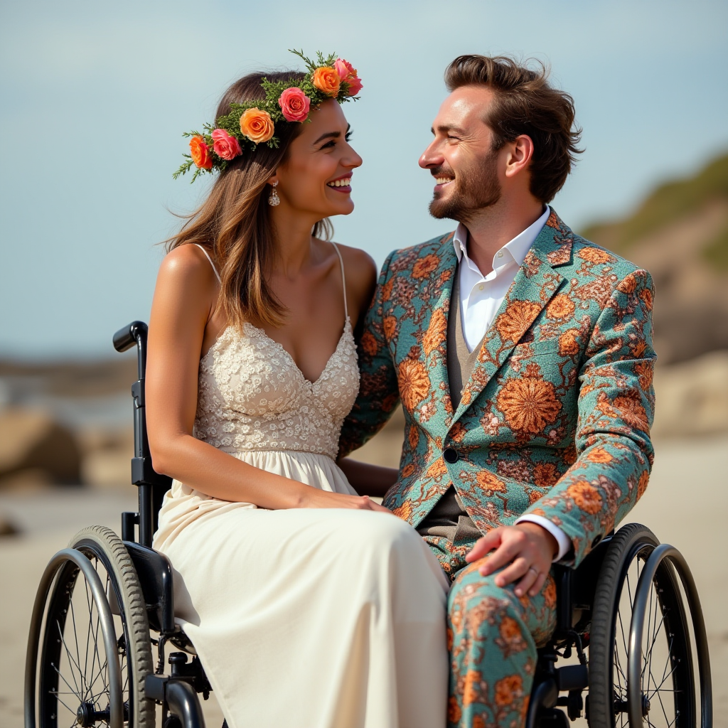 The image features a joyful couple on a beach, both seated in wheelchairs. The woman is wearing a delicate white dress with intricate lace detailing, complemented by a vibrant flower crown of orange and pink blossoms. The man is dressed in a striking suit with a bold floral pattern, exuding elegance and confidence. They are gazing into each other's eyes, sharing a sincere and joyful moment. The background showcases a serene beachscape, with soft sand and rocks, under a clear sky. The overall atmosphere radiates warmth, happiness, and love.