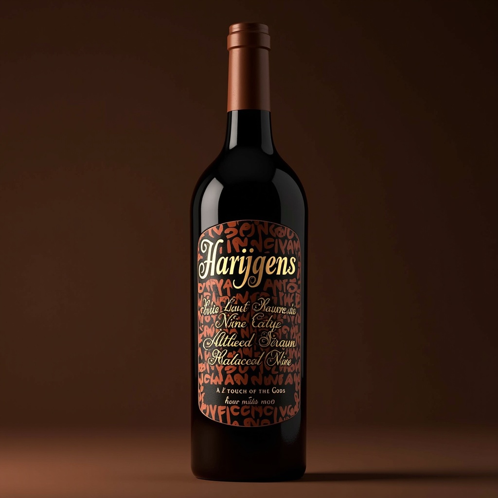 Wine bottle featuring Harijgens label design. Regular cursive typography surrounds the bottle. Subtle wine pattern in the background. Deep browns and warm golds used in color palette. Tagline at the bottom states 'A Touch Of The Gods'. Conveys luxury and craftsmanship influenced by African culture.