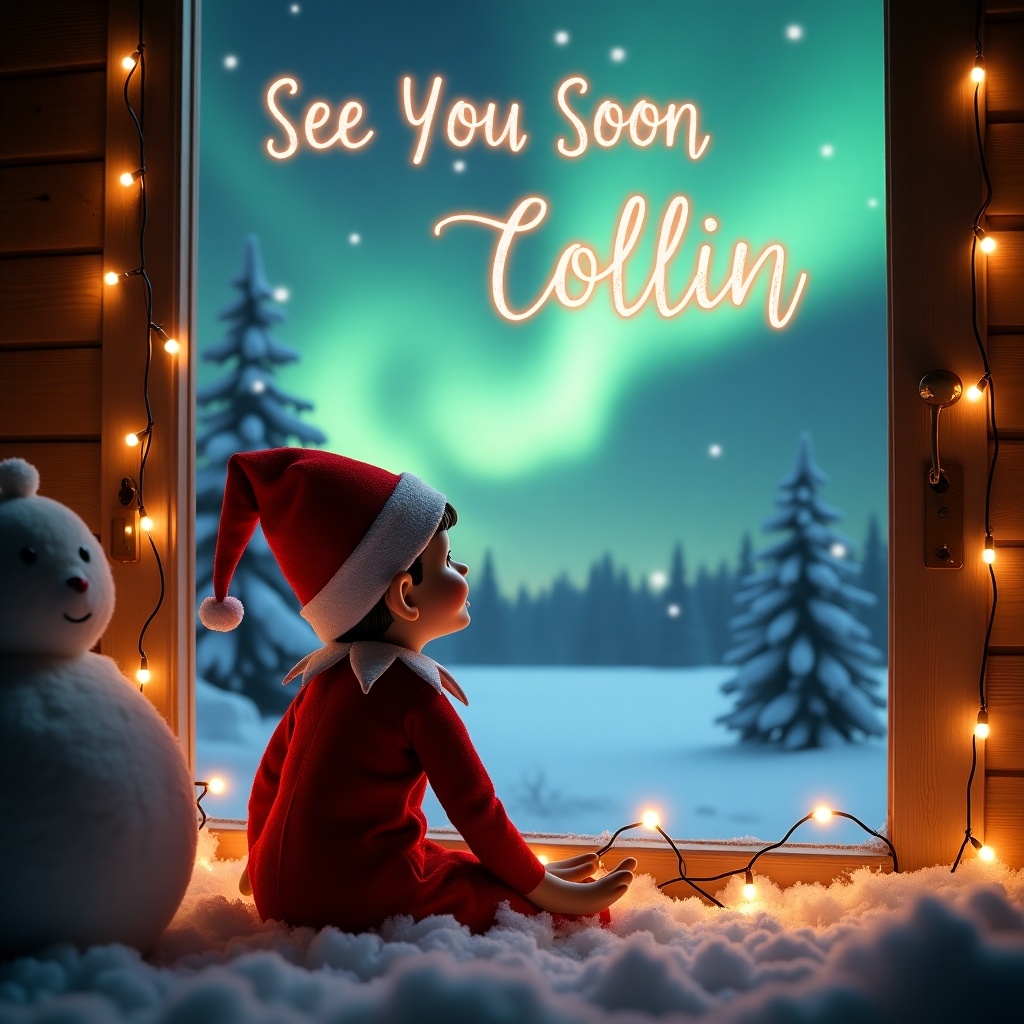 The image features an adorable elf in a red outfit by a snowy window. The elf gazes at the northern lights outside. Above the elf, the text 'See You Soon Collin' glows warmly. The setting is cozy with twinkling lights. The snowy landscape enhances the magical atmosphere, making it ideal for holiday content.