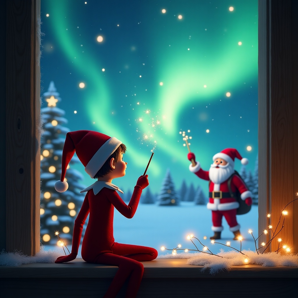 The scene features an elf on the shelf, sitting at a window with his back to the viewer. He is facing a dreamy sky, using a magical wand to write the names 'Alina and Carson' in the air. The background showcases a stunning Christmas landscape with twinkling northern lights illuminating the night sky. In the distance, Santa Claus can be seen, adding to the magical atmosphere. Snow-covered trees and soft glowing lights complete the enchanting winter scene, creating a sense of wonder and joy for the holidays.