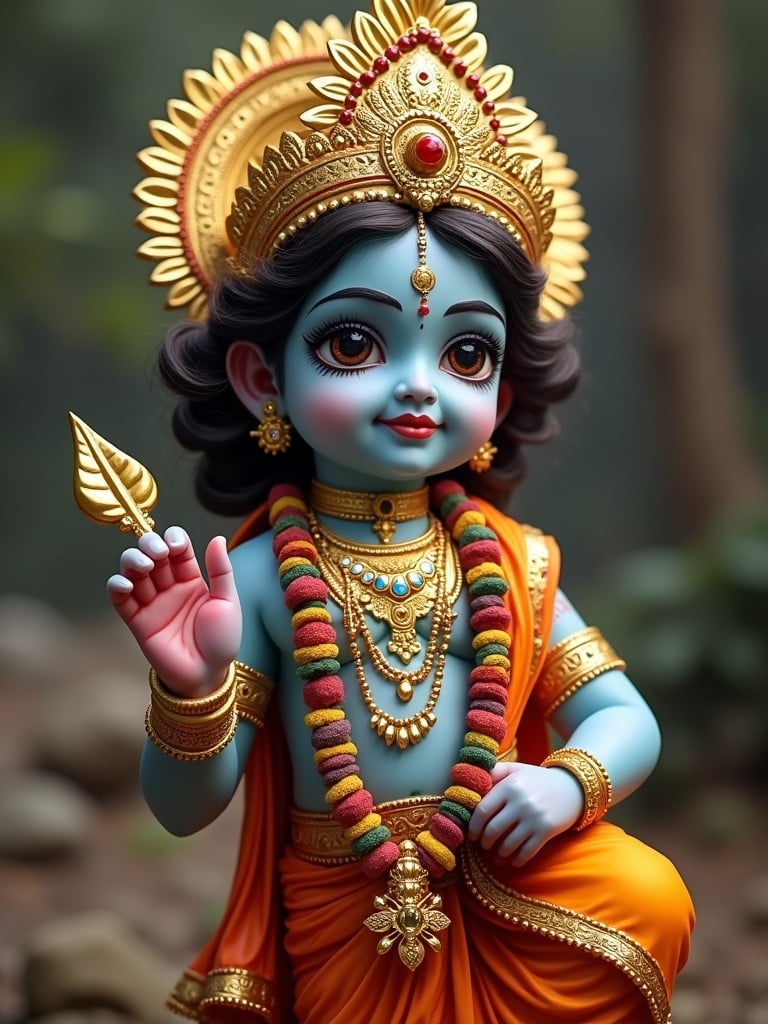 Lord Krishna depicted in traditional attire. Bright blue skin with ornate jewelry and a golden crown. Krishna holds a leaf in one hand. Adorned with colorful garland and draped in orange fabric.