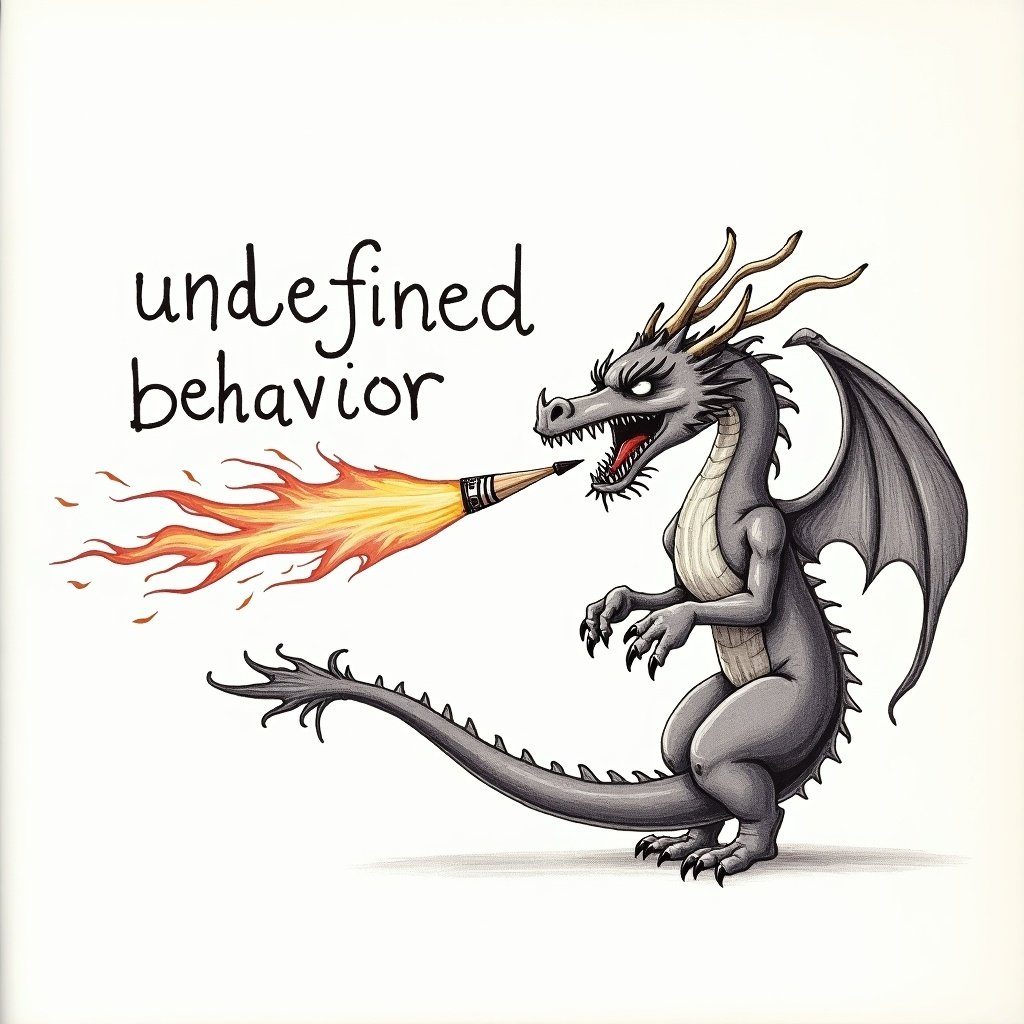 A dragon is drawn in pen and pencil. It is depicted spitting fire toward text that reads 'undefined behavior'.