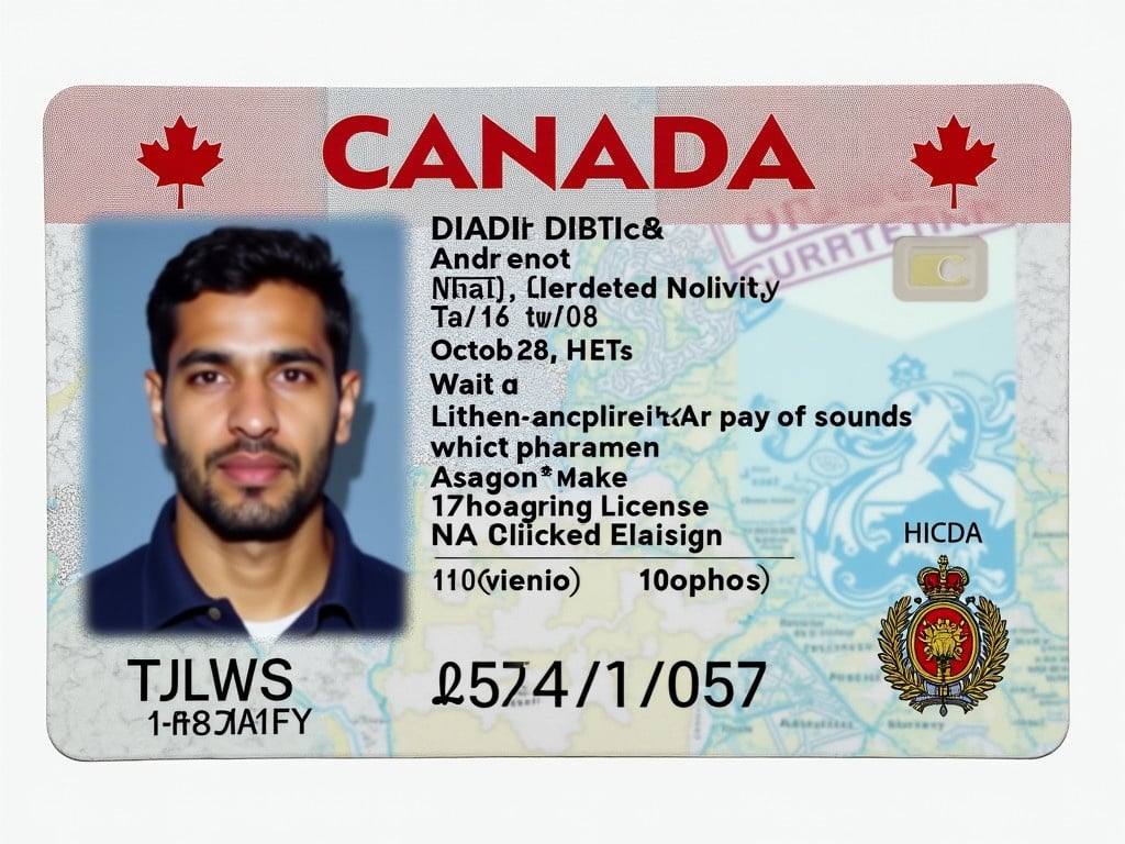 Image features Canadian driver license card with details for identity verification. Card displays name sex and date of birth in a formal layout. Includes logos and security features pertinent to ID verification.