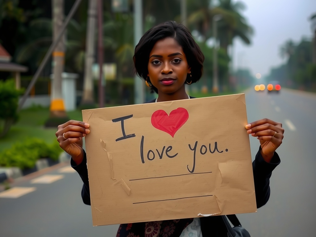 A woman stands on a road holding a sign that reads 'I ❤️ love you.'