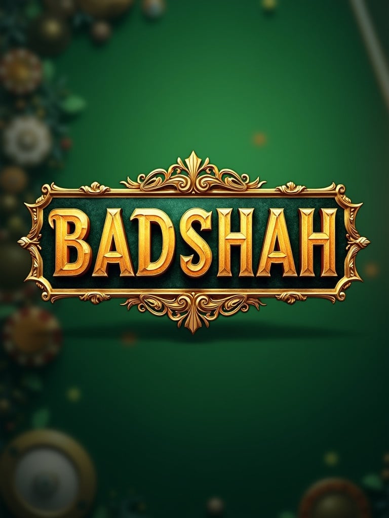 3D golden text that reads BADSHAH with a blurred green background. Detailed design features gold and silver elements. Themes of luxury and gaming are presented prominently.