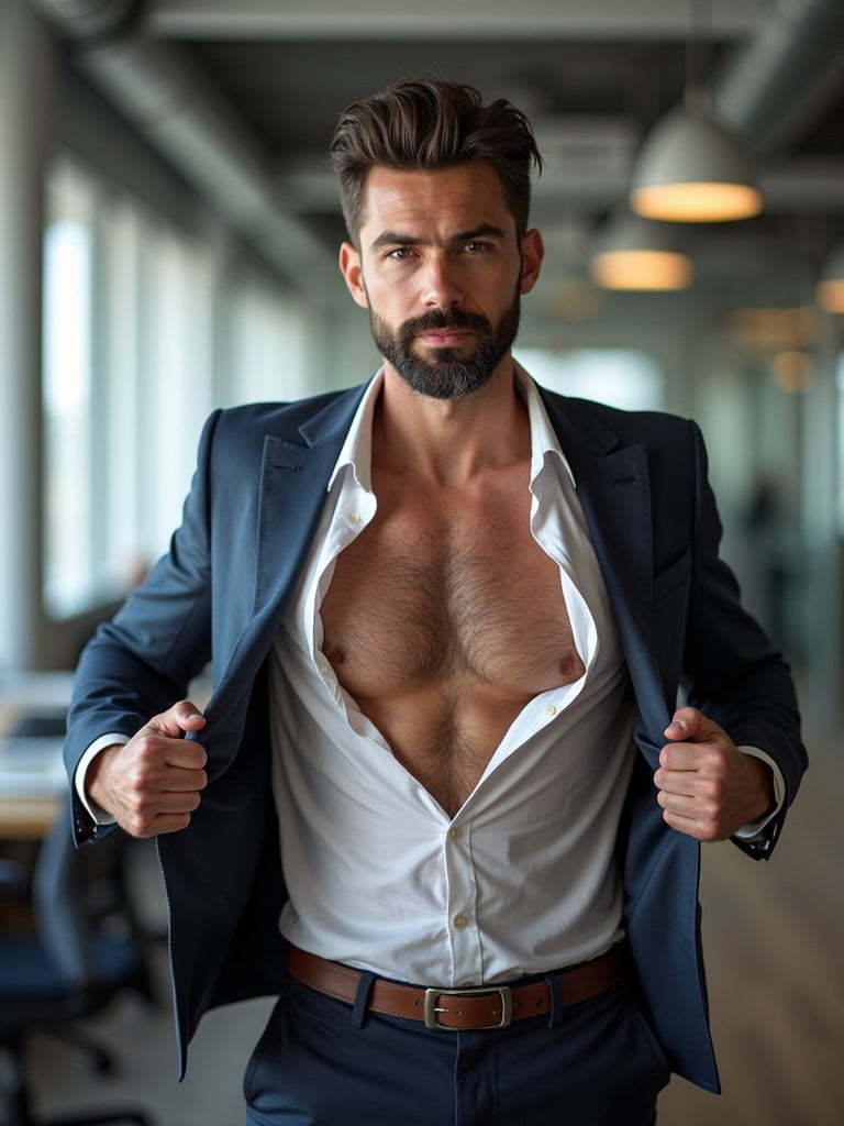 Businessman poses confidently showing a muscular torso in an office while tearing open his shirt.