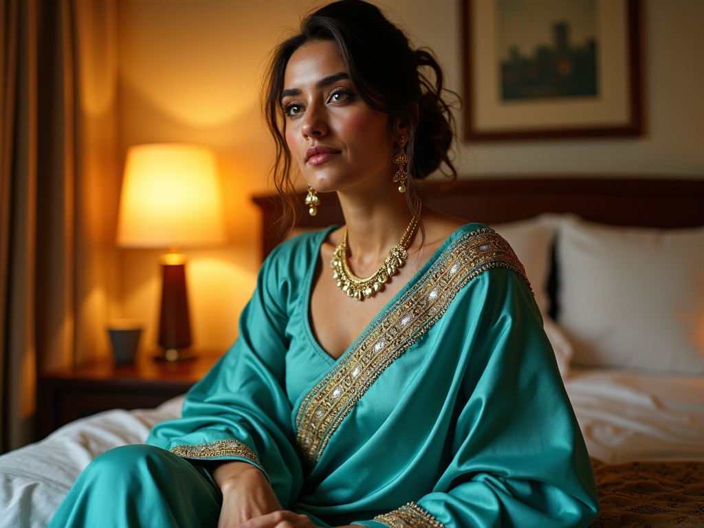 The image portrays a woman dressed in a turquoise traditional attire, adorned with intricate golden embroidery. She is seated on a bed in a softly lit room, with a lamp casting a warm glow. Her expression is serene and contemplative, and she wears gold jewelry that complements her clothing. The ambiance is both cozy and sophisticated, suggesting a moment of quiet reflection.