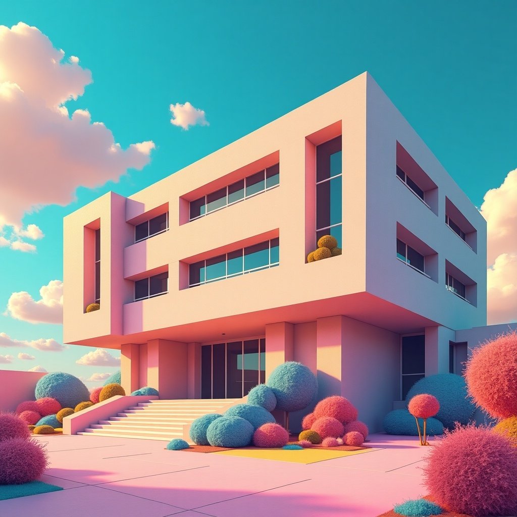 Surrealistic school building with colorful sky. Bright and vivid lighting. Side perspective of the building featuring pastel colors.