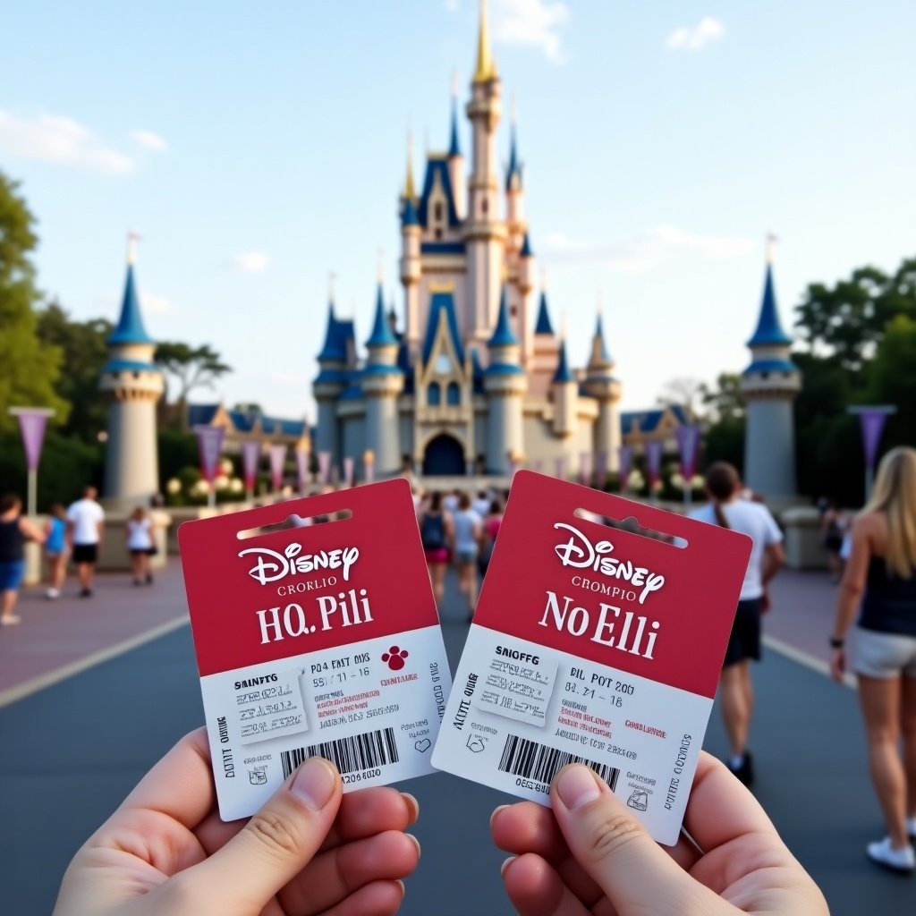 Two Disney theme park tickets held in hands. Names on tickets are Scarlett and Ellie. Disney castle in the background with visitors walking by.