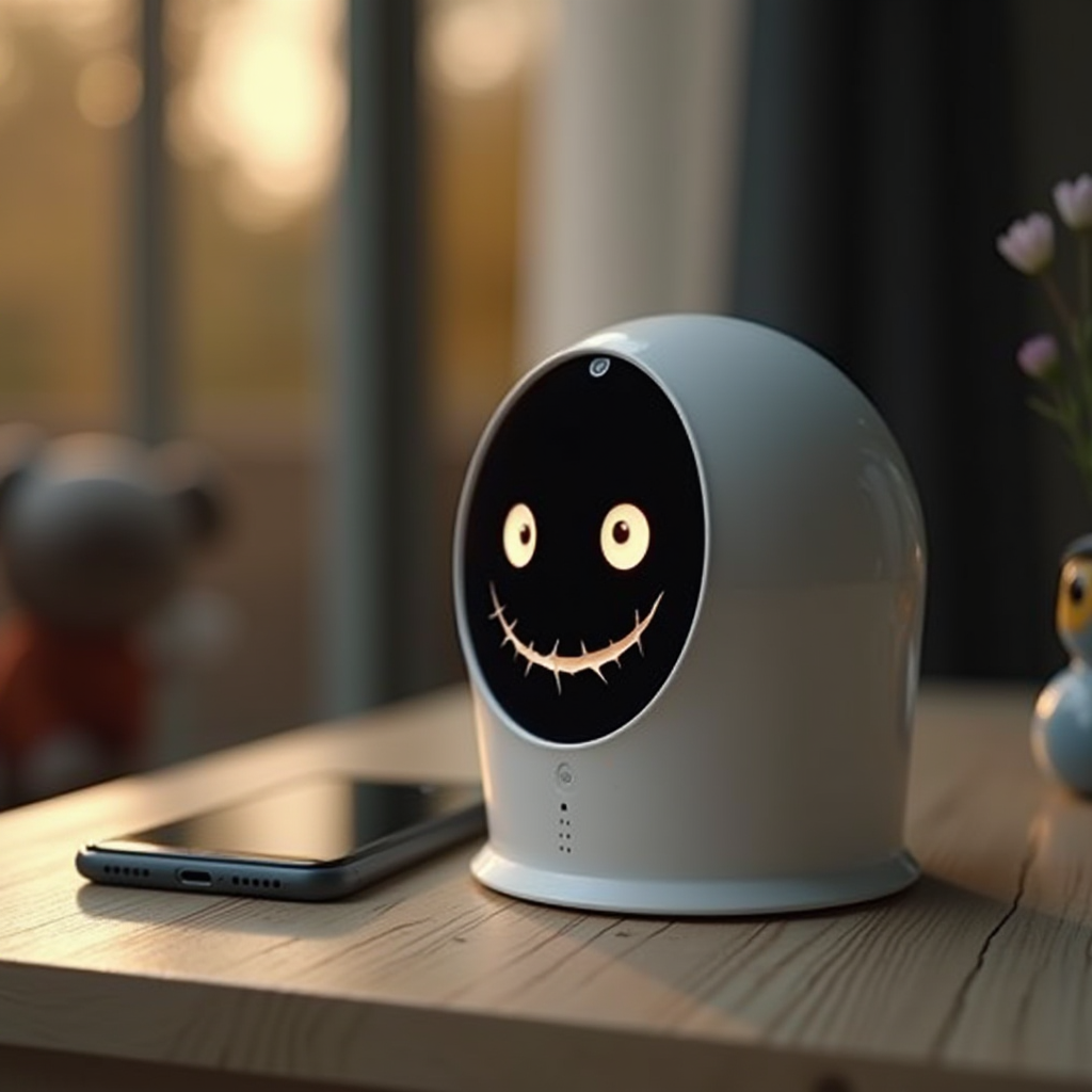 The image depicts a small, modern, dome-shaped device with a smooth, glossy white surface sitting on a wooden table. Its front face is a dark screen displaying an illuminated, playful face with two circular eyes and a wide, stitched grin. This gives the impression of an animated character, perhaps resembling a fictional character with a charmingly eerie twist. Next to the device lies a smartphone, and in the softly lit background, there's a blurry plush toy and a vase with delicate flowers, enhancing the cozy ambiance of the scene. The setting appears to be in a cozy domestic space, possibly a living room or bedroom, as warm light filters through a nearby window.