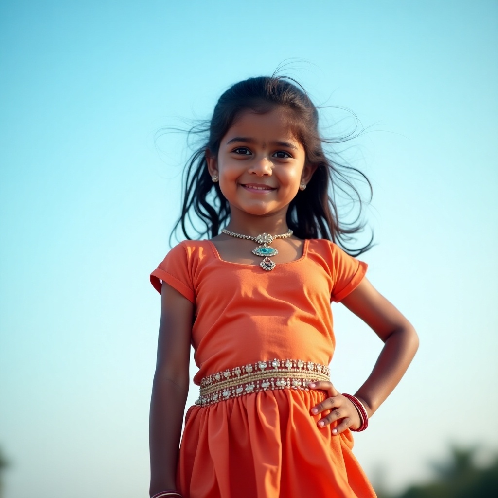 The image features a young girl wearing traditional Indian clothing and standing playfully against a clear blue sky. She is adorned with jewelry, adding elegance to her outfit. Her confident pose and bright smile evoke joy and happiness. The background enhances the vibrant color of her attire, creating a harmonious scene. This picture captures the essence of childhood and cultural heritage beautifully.