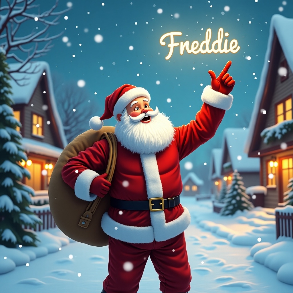 In a snowy village, Santa Claus stands happily in his traditional red suit. He has a big bag slung over his shoulder and is pointing up at the sky. In the sky, the magical name 'Freddie' is written, glowing softly. Snowflakes are gently falling around him, creating a festive atmosphere. Cozy homes with warm lights can be seen in the background, enhancing the holiday spirit. This cheerful scene captures the essence of Christmas joy and magic.