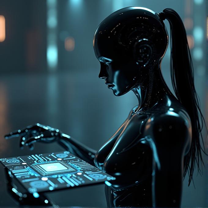 A futuristic robotic figure interacts with a glowing holographic display in a dimly lit, high-tech environment.